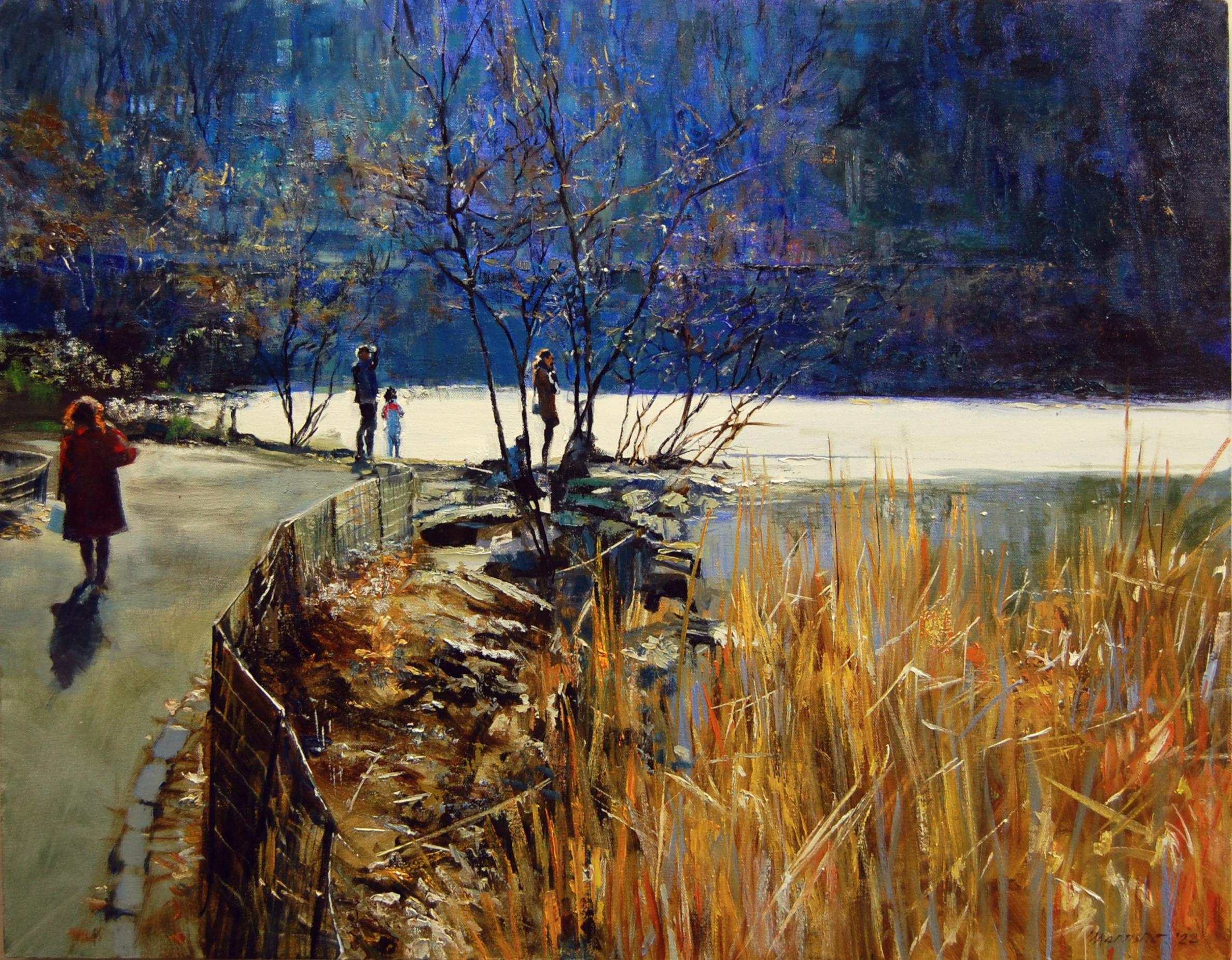 Central Park Pond in Winter, Oil Painting - Art by Onelio Marrero