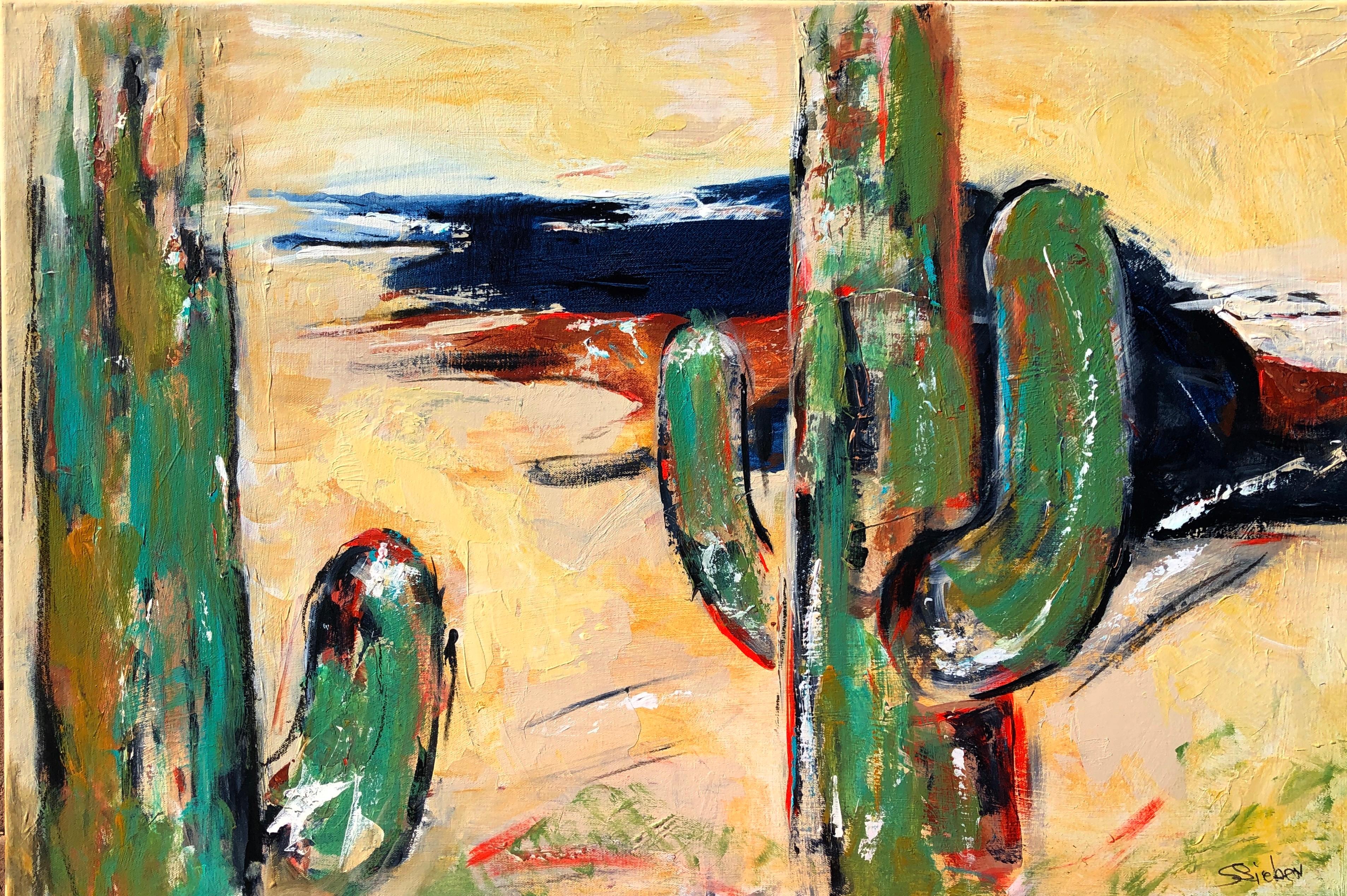 Sharon Sieben Landscape Painting - Saguaro Silhouettes, Original Painting