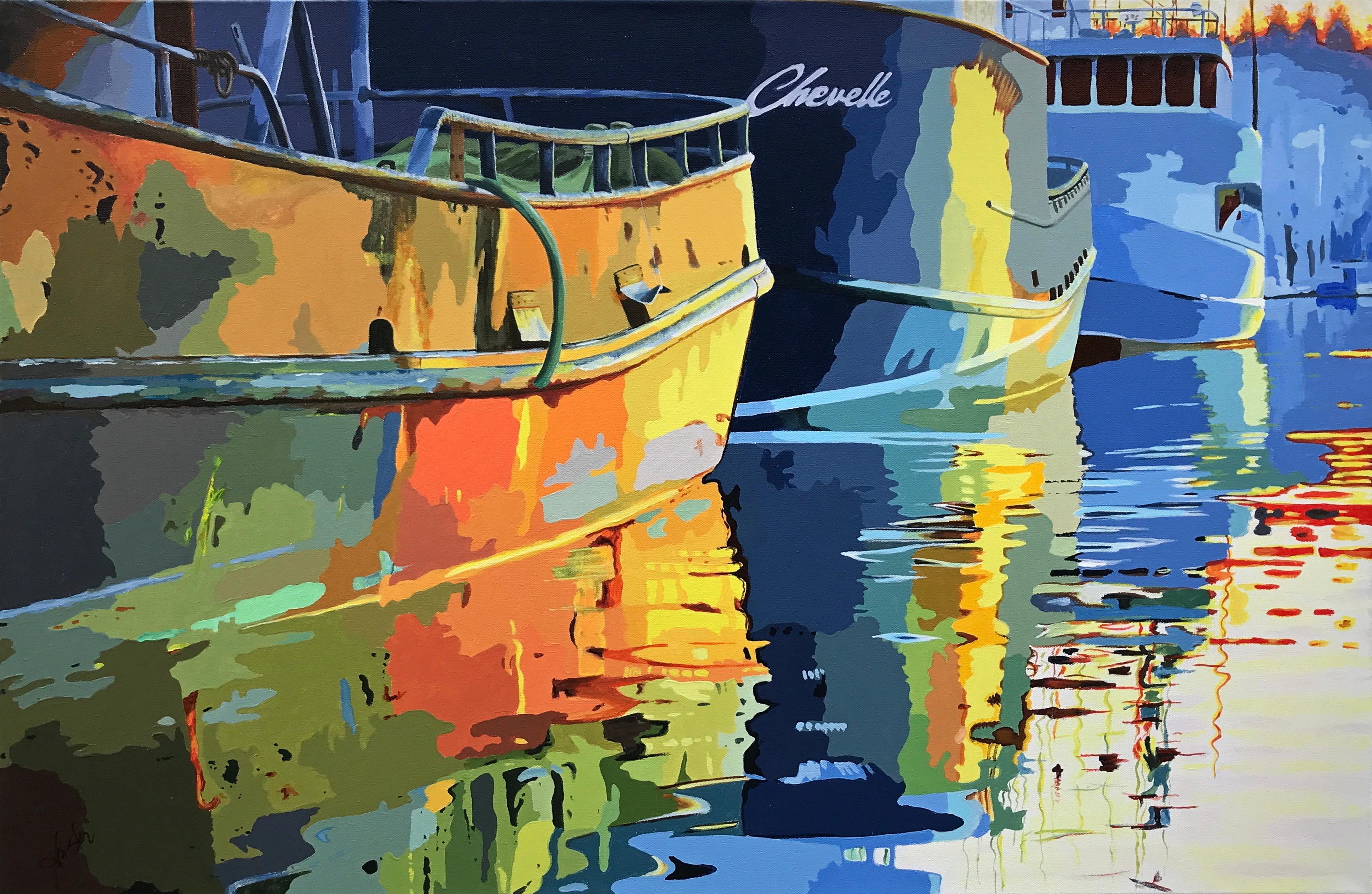 Les reflets d'un bateau au lever du soleil, peinture originale - Art de John Jaster