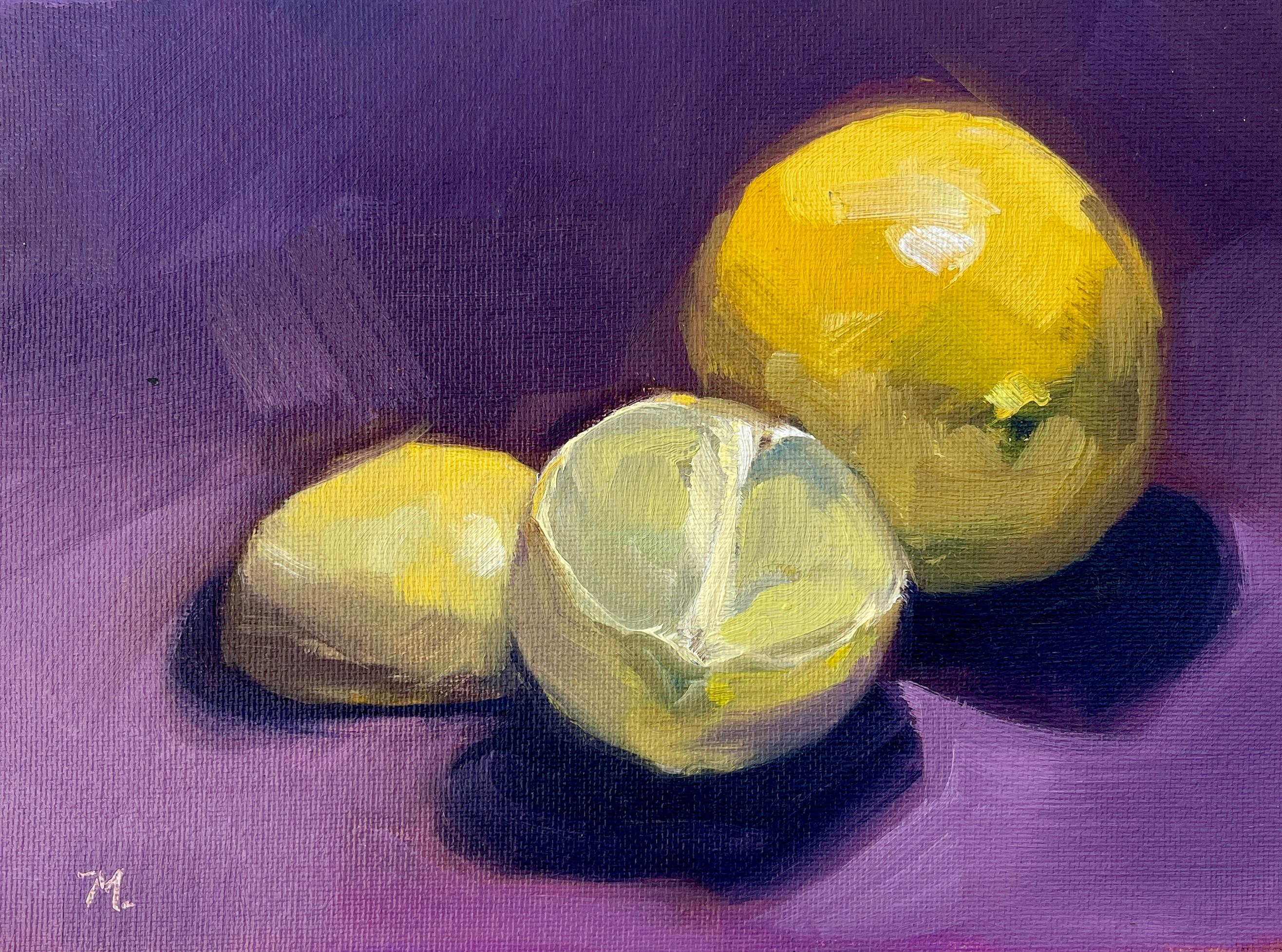 Citrus frais reposant sur un tissu violet, peinture à l'huile