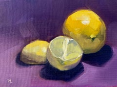 Citrus frais reposant sur un tissu violet, peinture à l'huile