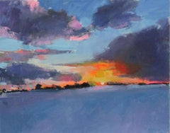 Peinture originale, coucher de soleil d'hiver, Angleterre