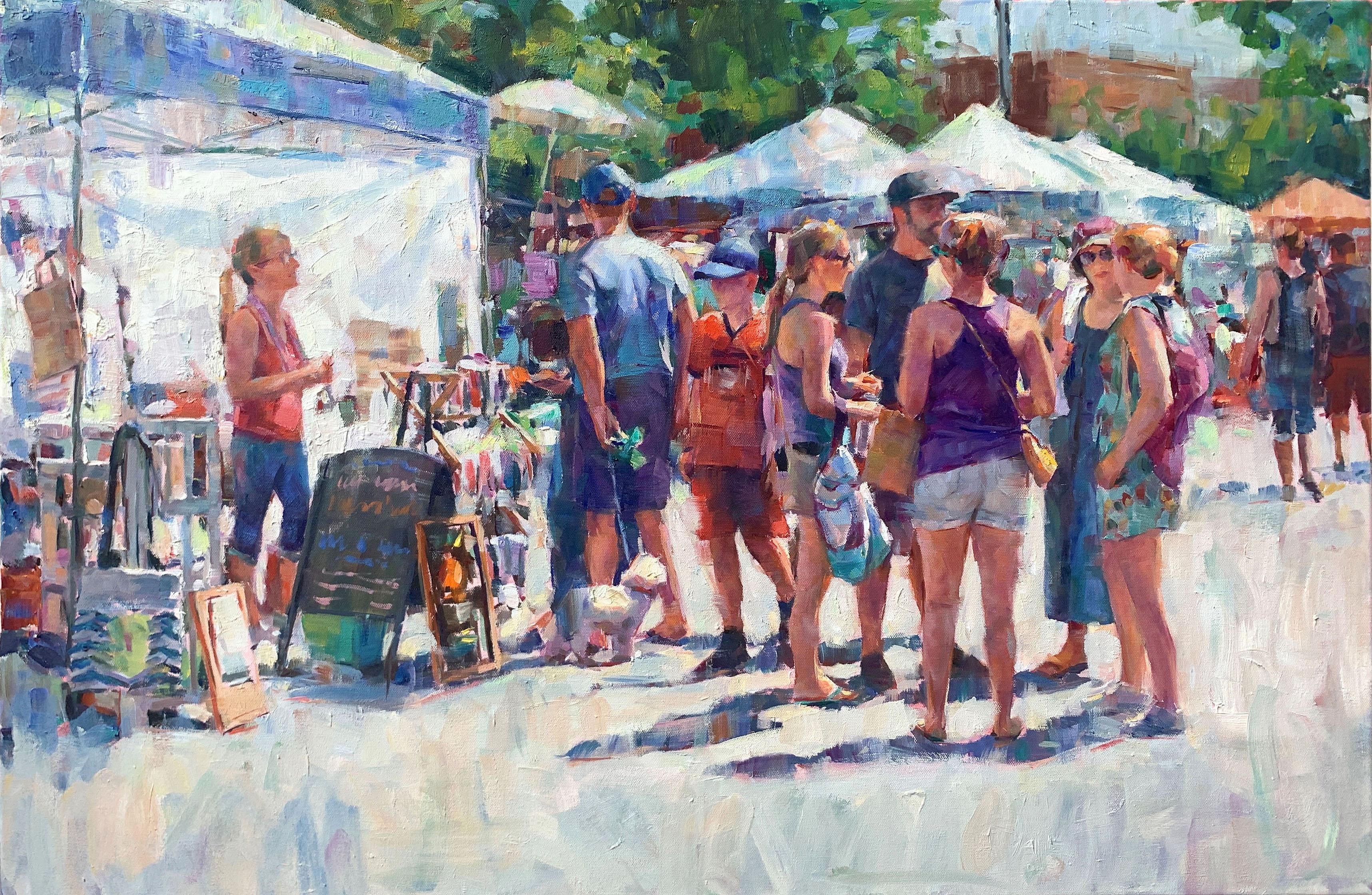 Jerry Salinas Figurative Painting - Doggie at the Farmers Market, Oil Painting