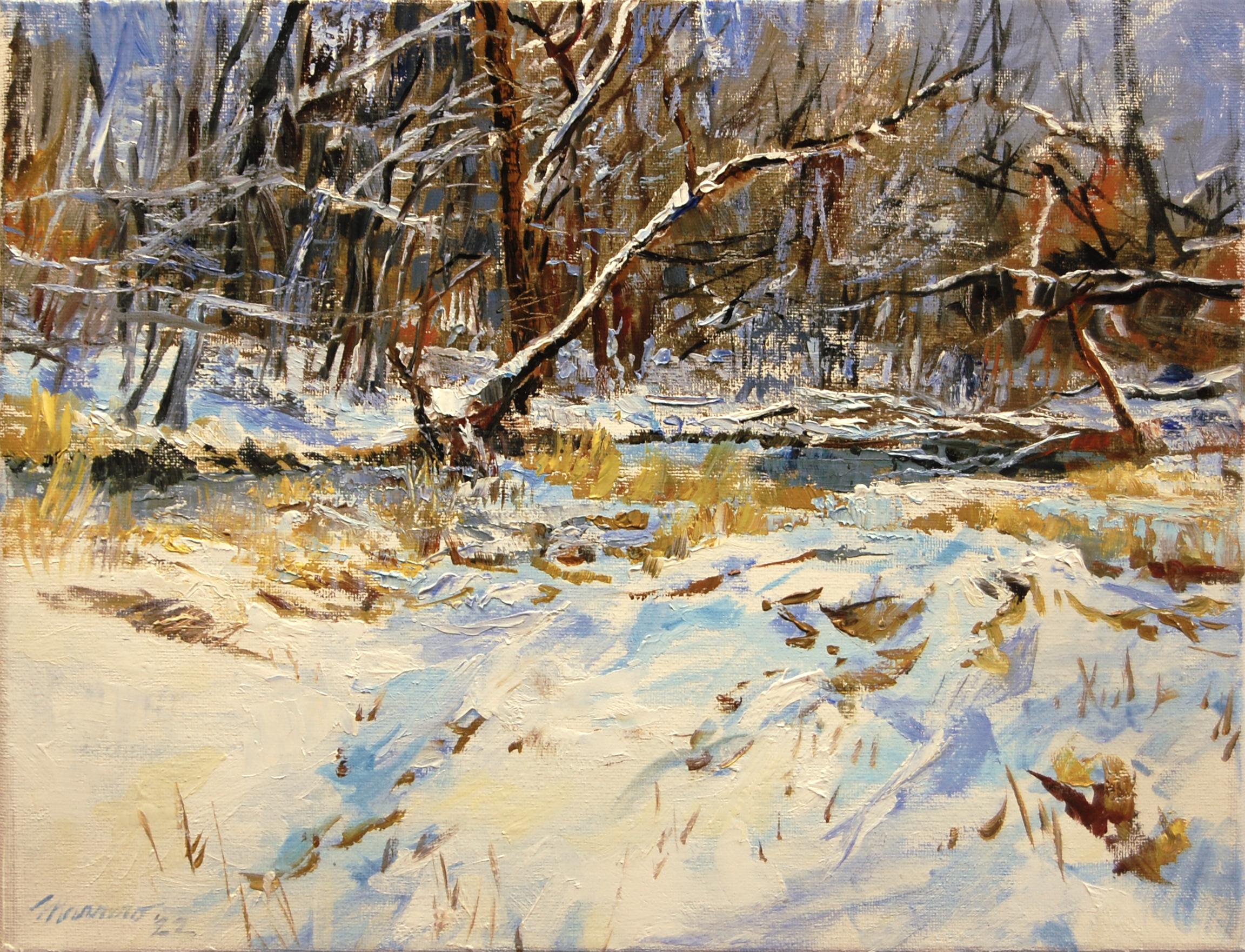 Onelio Marrero Landscape Painting – Schneeflocken Fluss, Ölgemälde