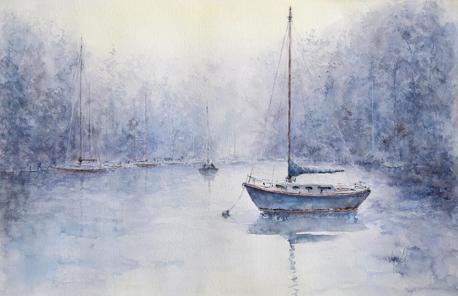 In the Misty Mooring, Original Painting - Art by Judy Mudd