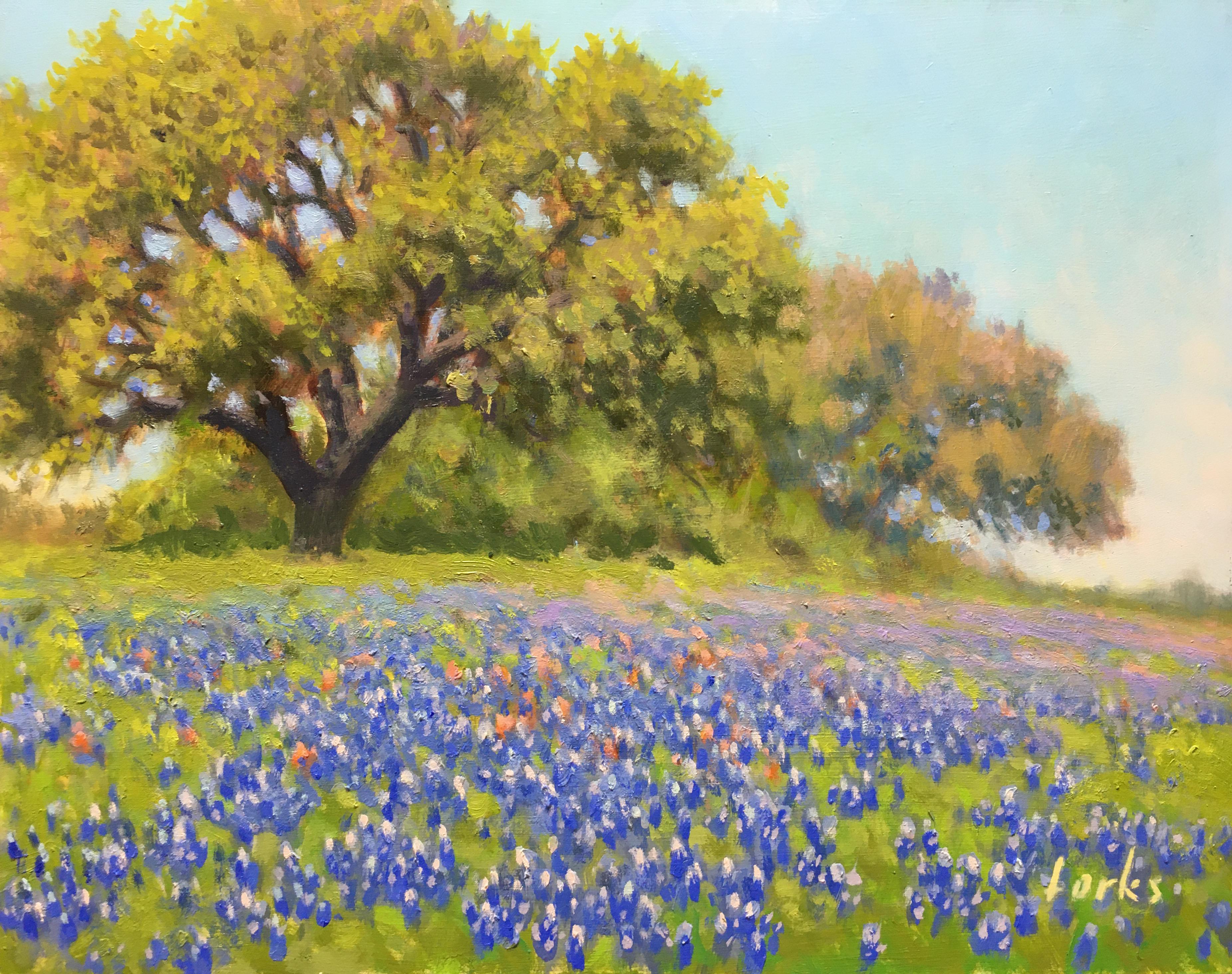 David Forks Landscape Painting - Roadside Blues, Oil Painting