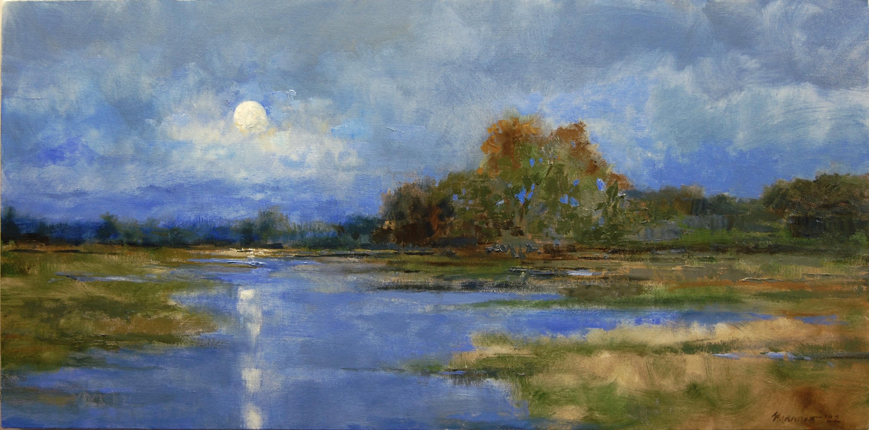 Revêtement de lune du matin et de nuages, peinture à l'huile