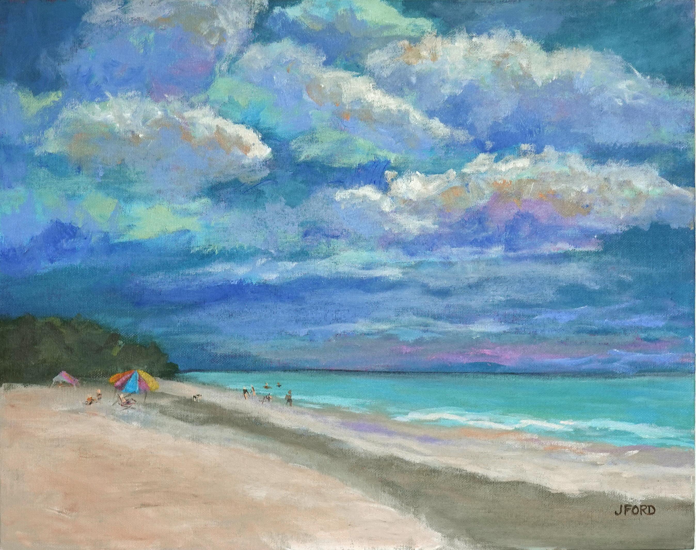 Joanie Ford Landscape Painting - Warm Sand and Beautiful Clouds, Original Painting