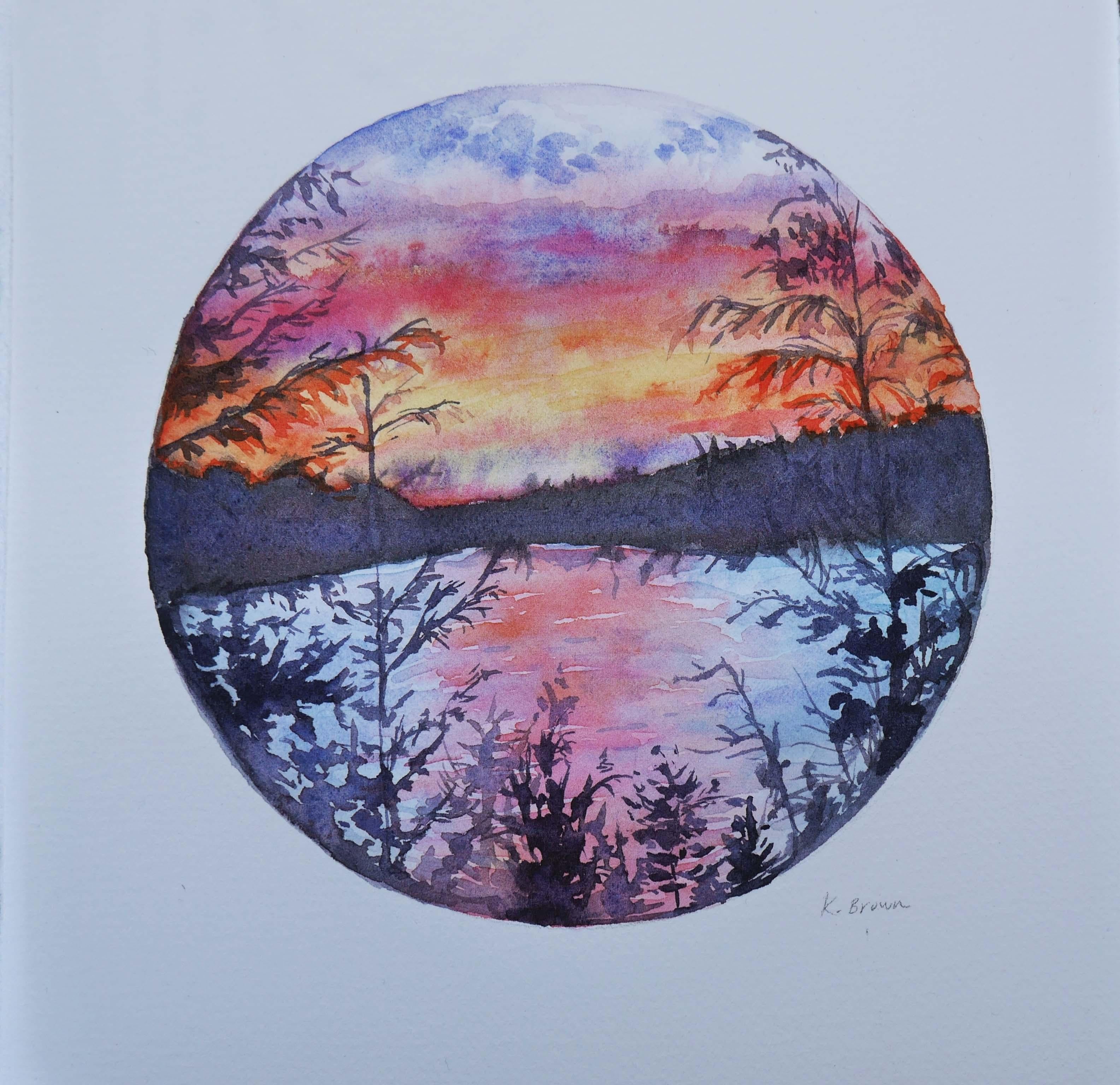 Lago al tramonto, dipinto originale - Art di Kristen Brown