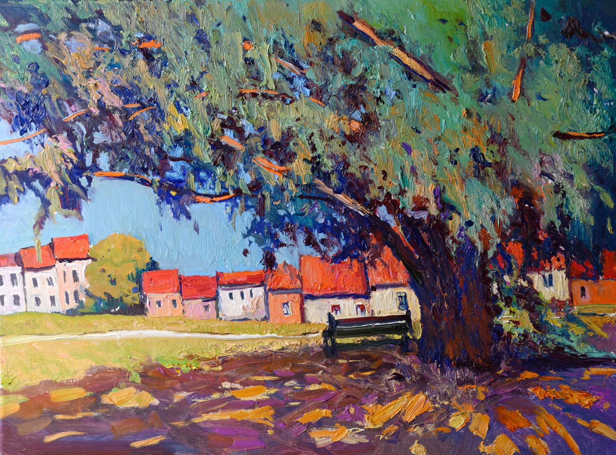 Suren Nersisyan Landscape Painting - Big Tree and Little Houses, Oil Painting