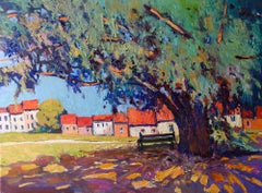 Big Tree and Little Houses, Oil Painting