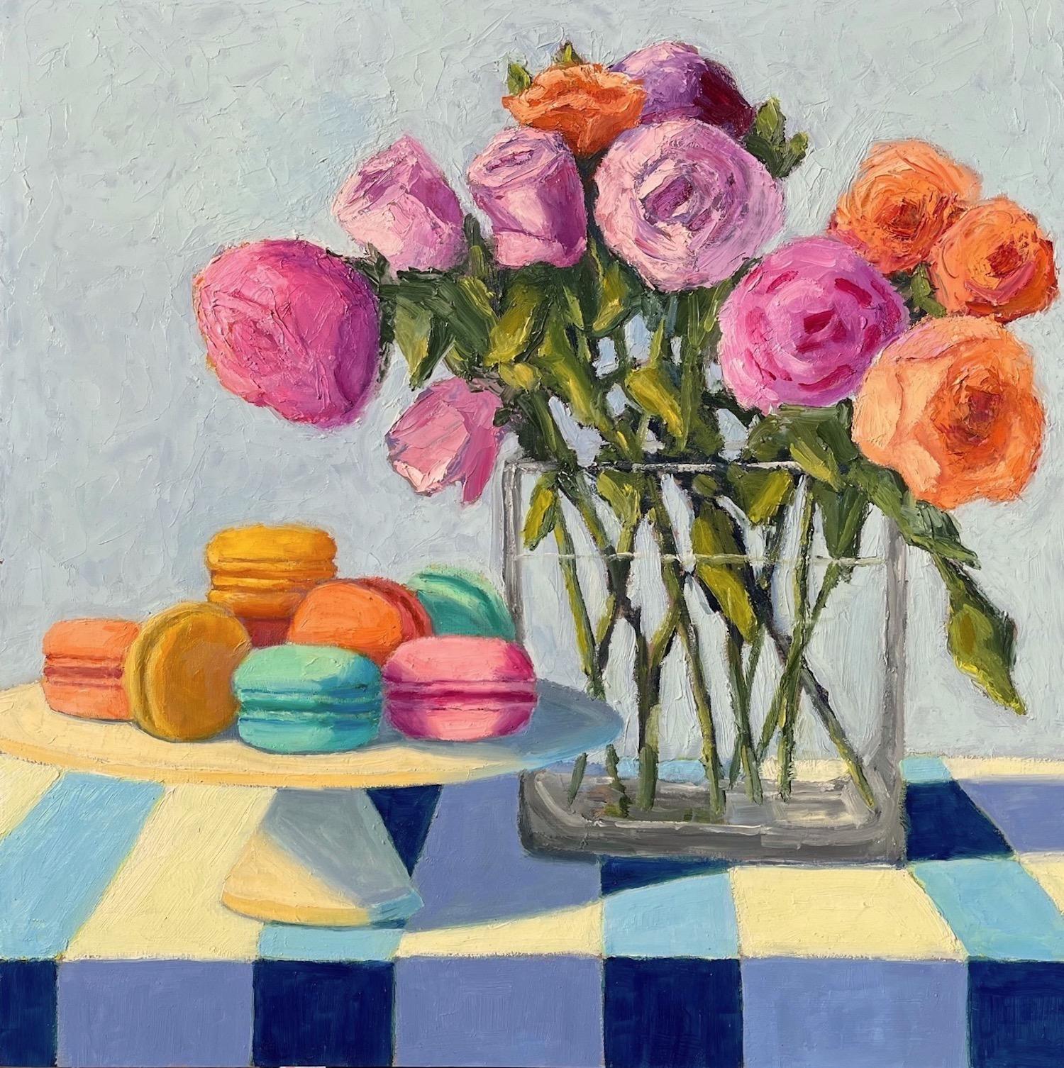 Roses on Blue Stripes, Oil Painting