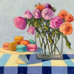Roses on Blue Stripes, Oil Painting