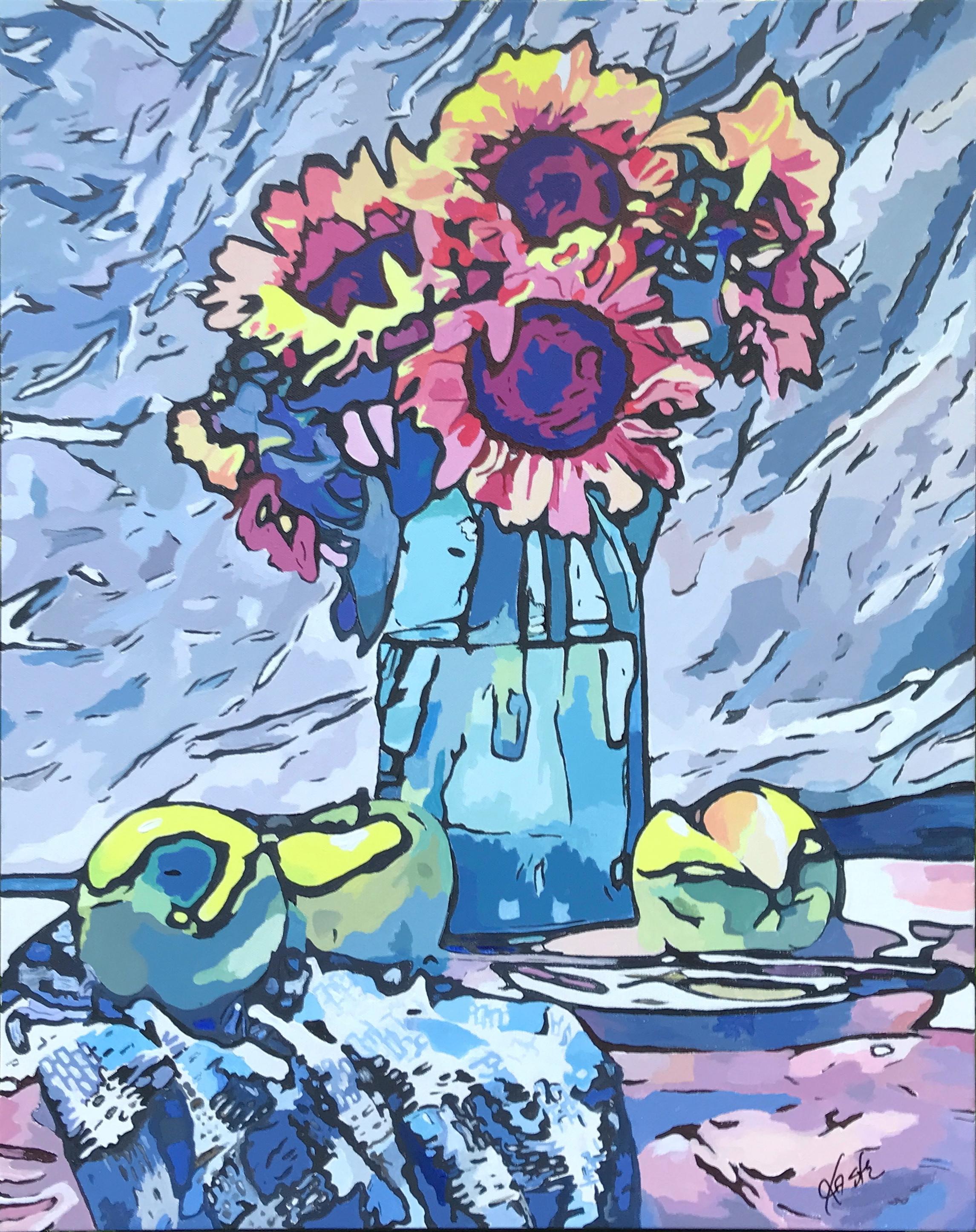 John Jaster Still-Life Painting - Sunflower Medley with Apples, Original Painting