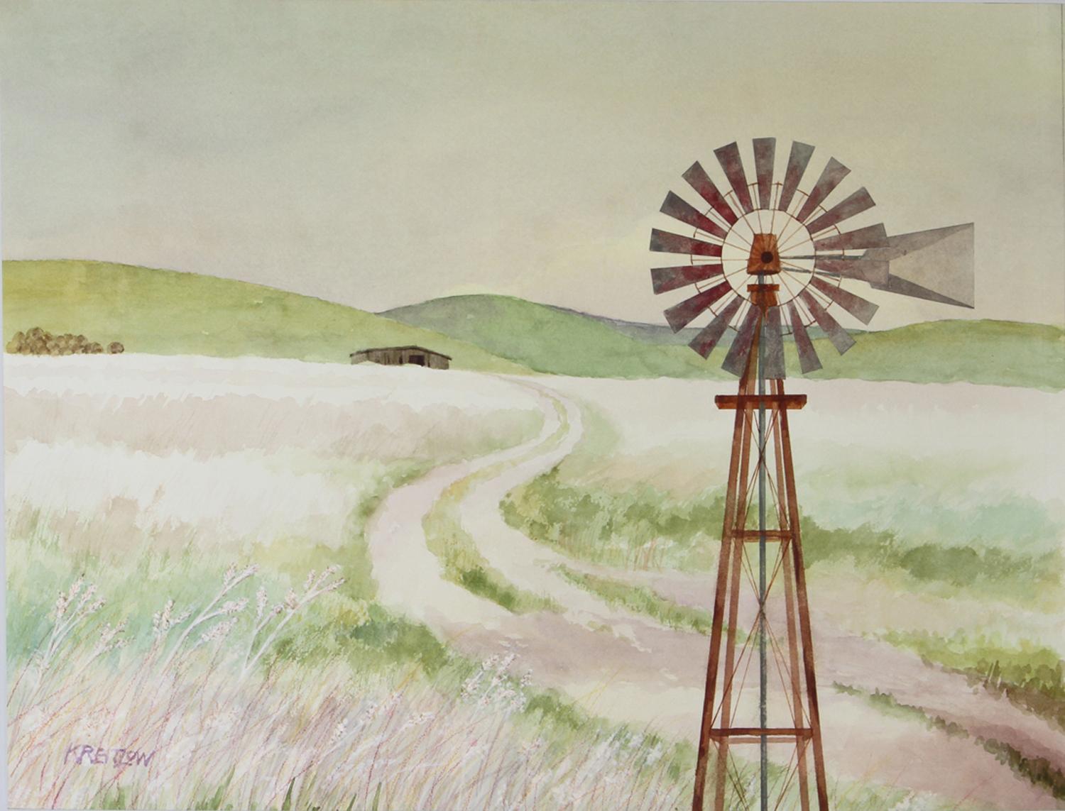 Bill Kreitlow Landscape Art - The Windy Road Past the Windmill, Original Painting