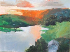 Tramonto sul fiume, Inghilterra, dipinto originale