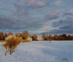 Scena d'inverno nel parco, pittura a olio