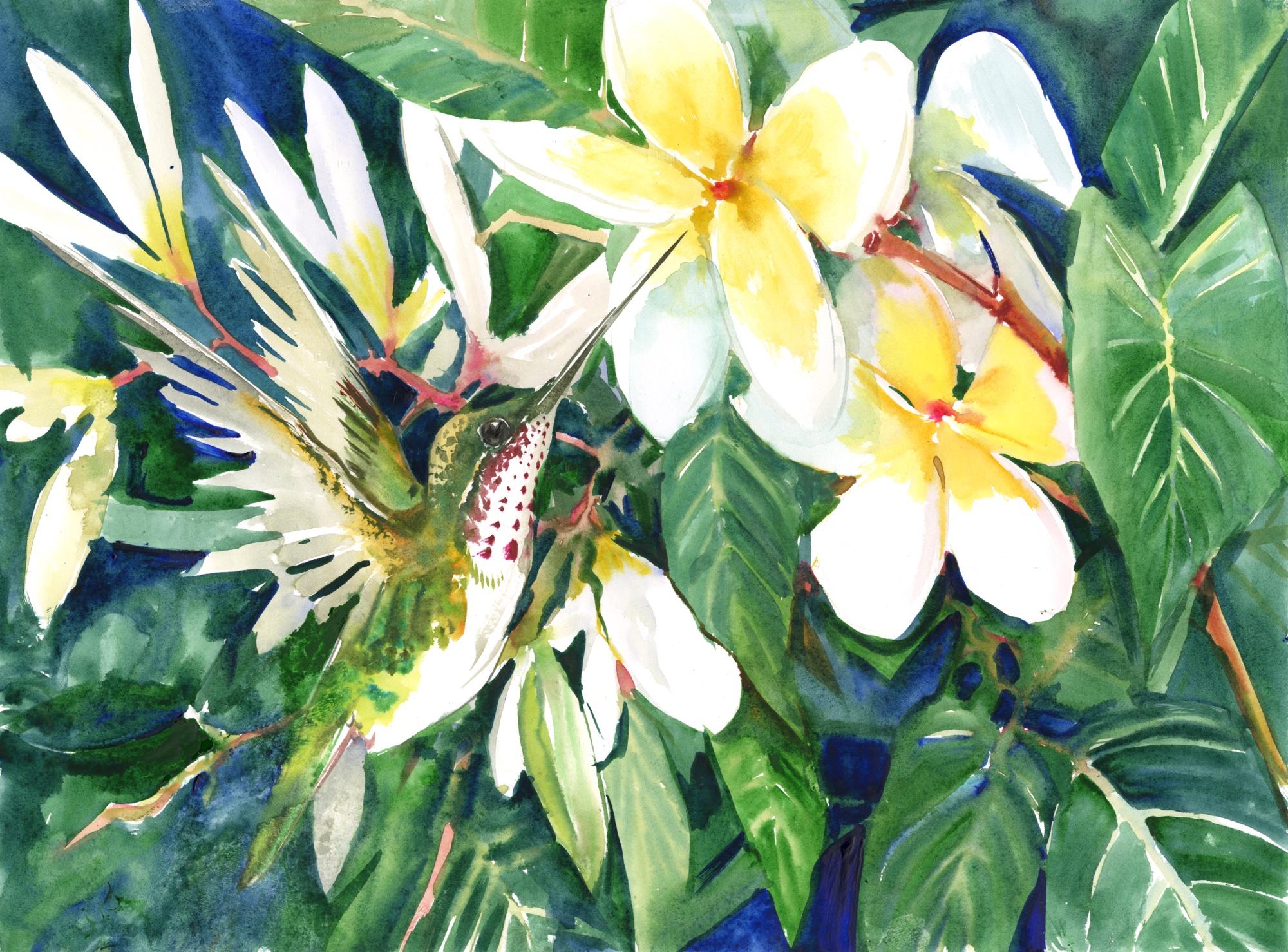 Hummingbird and Primula, Original Painting - Art by Suren Nersisyan
