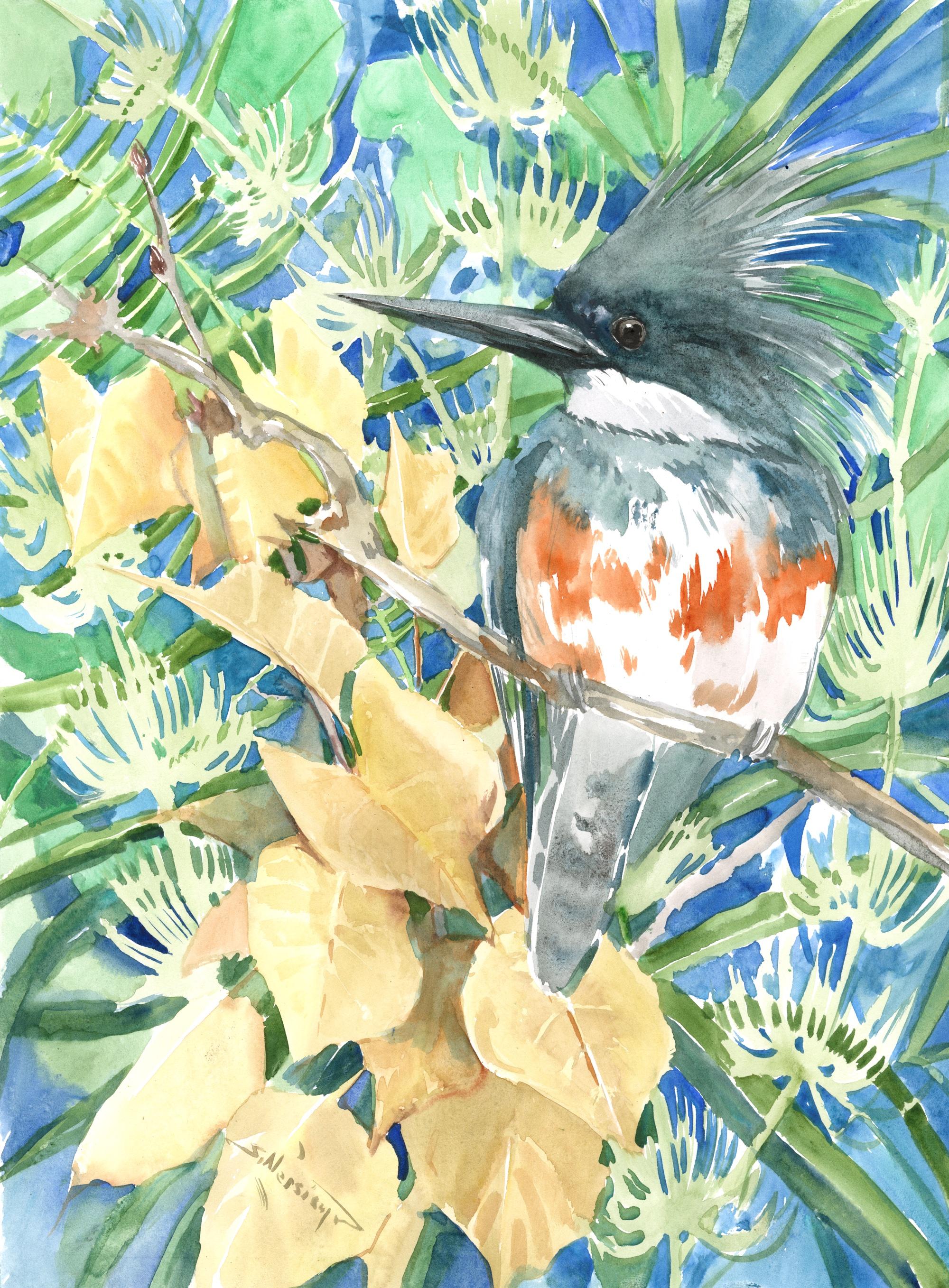 Belted Kingfisher and Foliage, Original Painting - Art by Suren Nersisyan