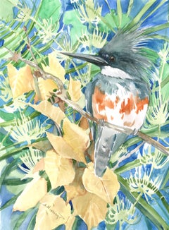 Belted Kingfisher and Foliage, Original Painting