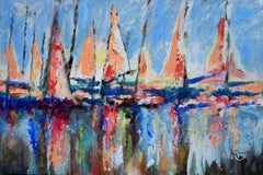 Voiles flottant au bord d'un port, peinture originale