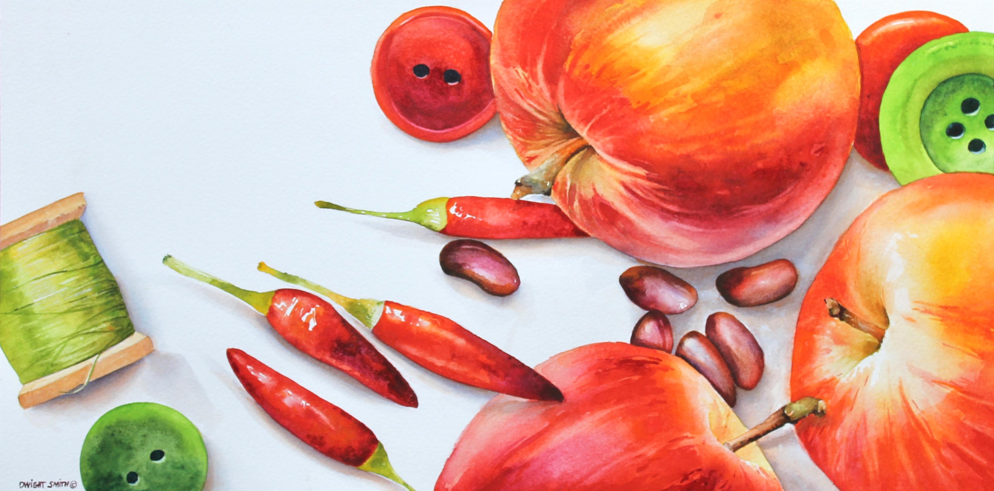 Dwight Smith Still-Life – Rot bis Grün, Originalgemälde