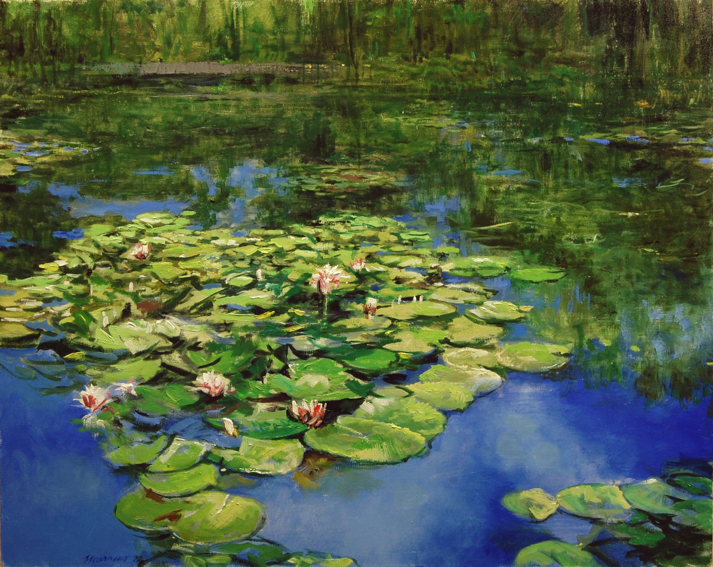 Pink Water Lilies: August, Oil Painting - Art by Onelio Marrero