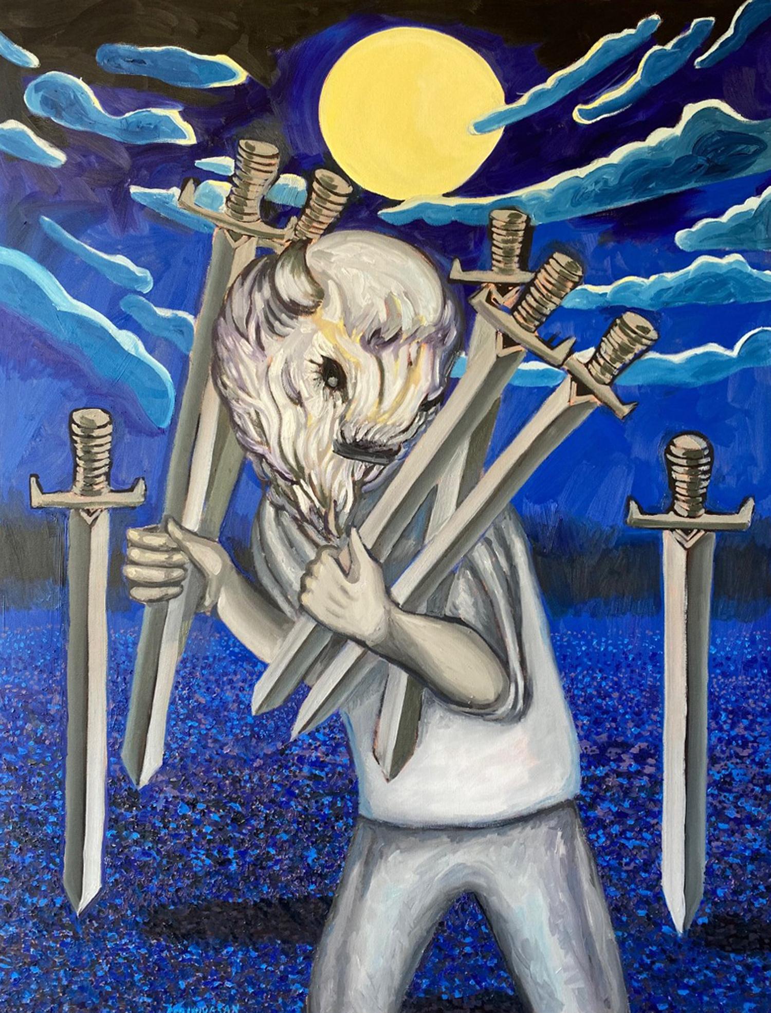 Sept d'épées, peinture à l'huile - Art de Rachel Srinivasan