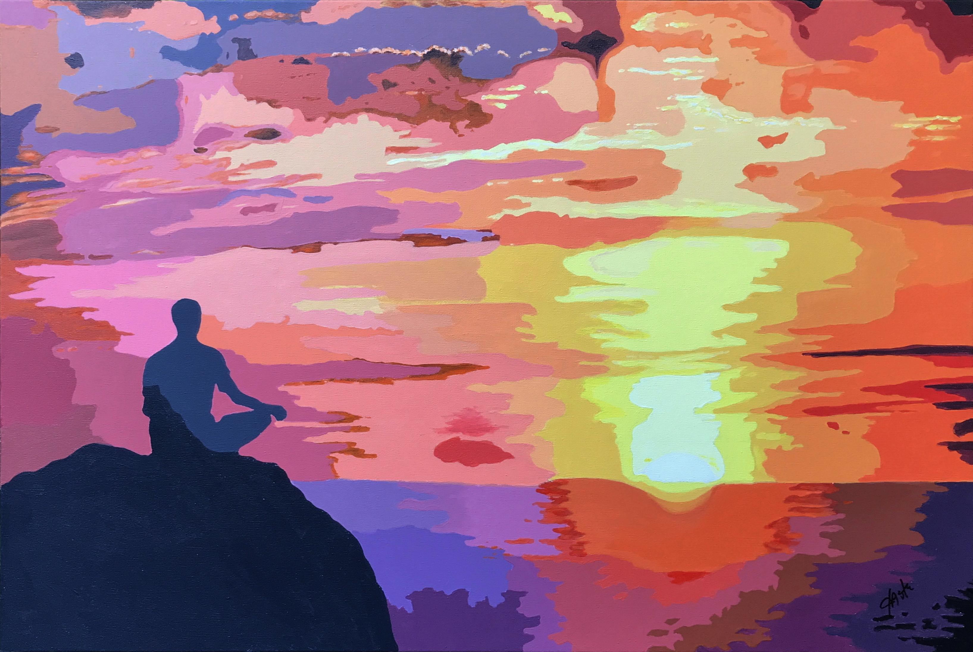 Landscape Painting John Jaster - Méditations au coucher d'un soleil, peinture originale