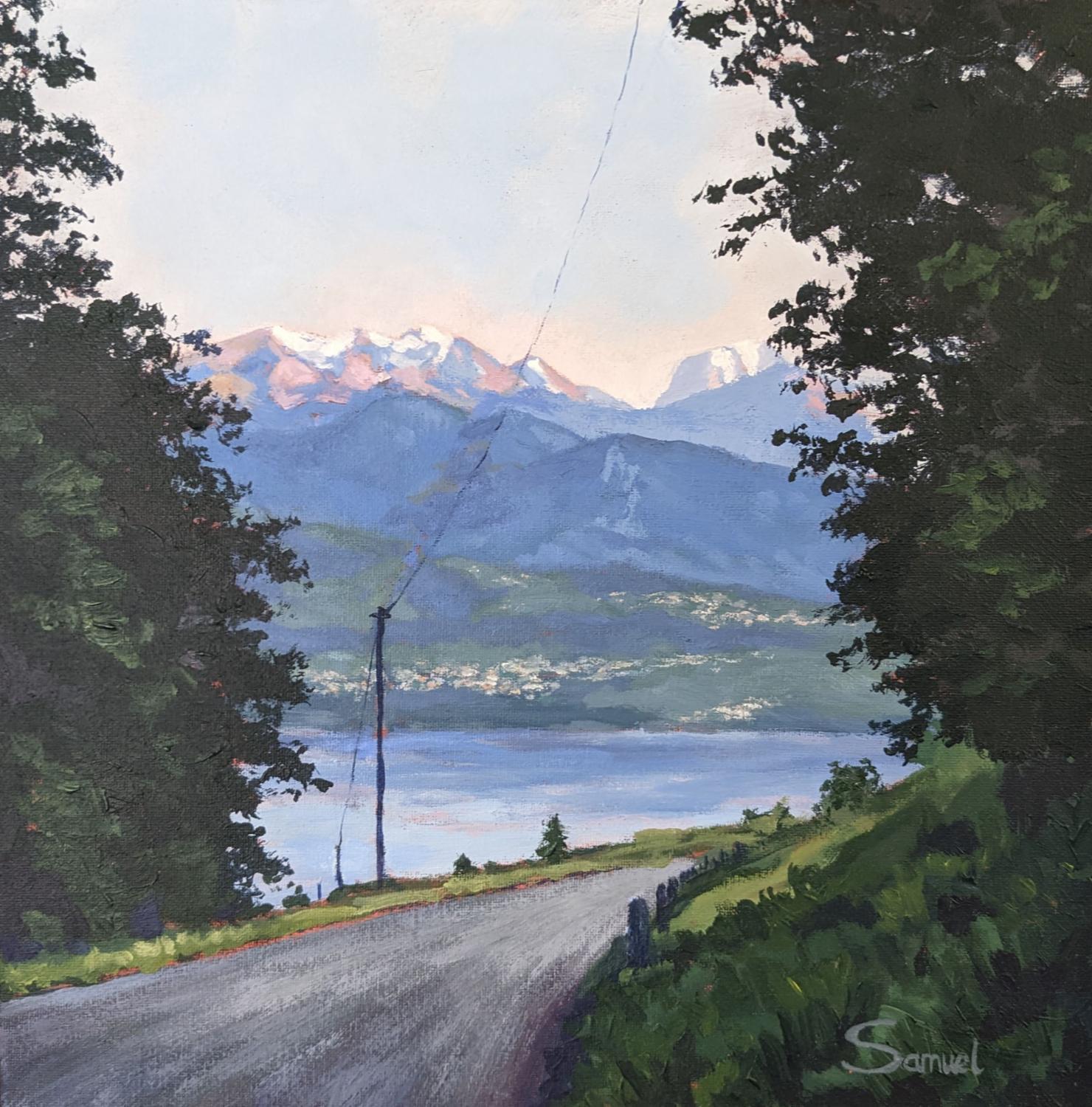 Was für eine atemberaubende Überraschung! See Thun, Schweiz, Originalgemälde – Art von Samuel Pretorius