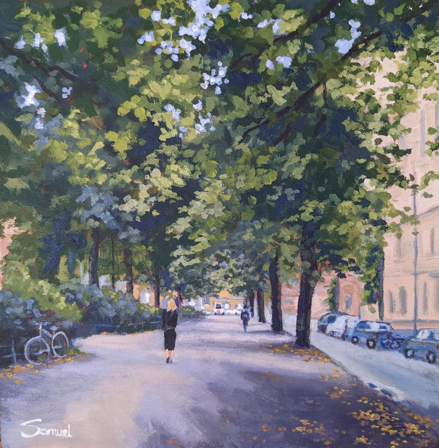 Landscape Painting de Samuel Pretorius - Paseo tranquilo por el parque un martes en Estocolmo, Pintura original