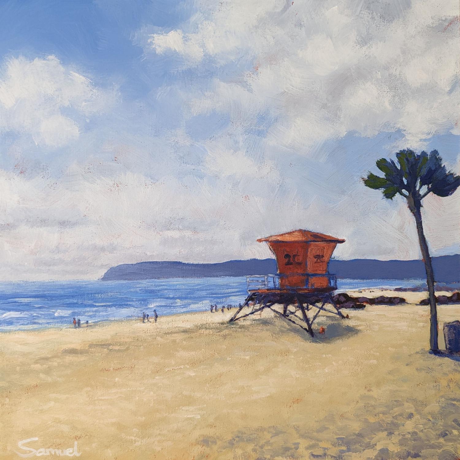 Sunny Coronado Beach and Lifeguard Tower, Original Painting - Art by Samuel Pretorius