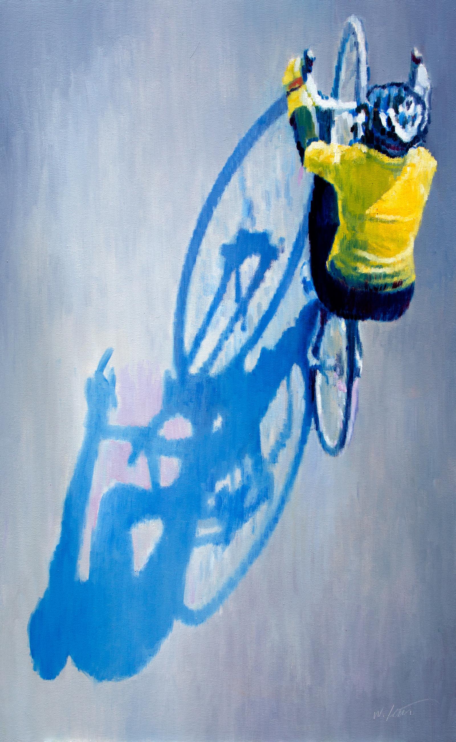 Cyclisme de printemps en jaune, peinture à l'huile - Art de Warren Keating