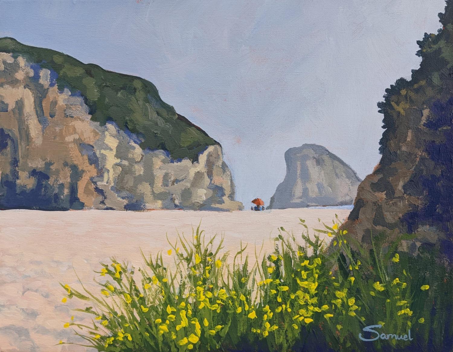 Samuel Pretorius Landscape Painting - Shark Fin Rock, Santa Cruz, with a Burst of Yellow Flowers, Original Painting