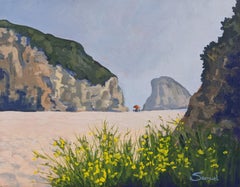Shark Fin Rock, Santa Cruz, with a Burst of Yellow Flowers, Original Painting