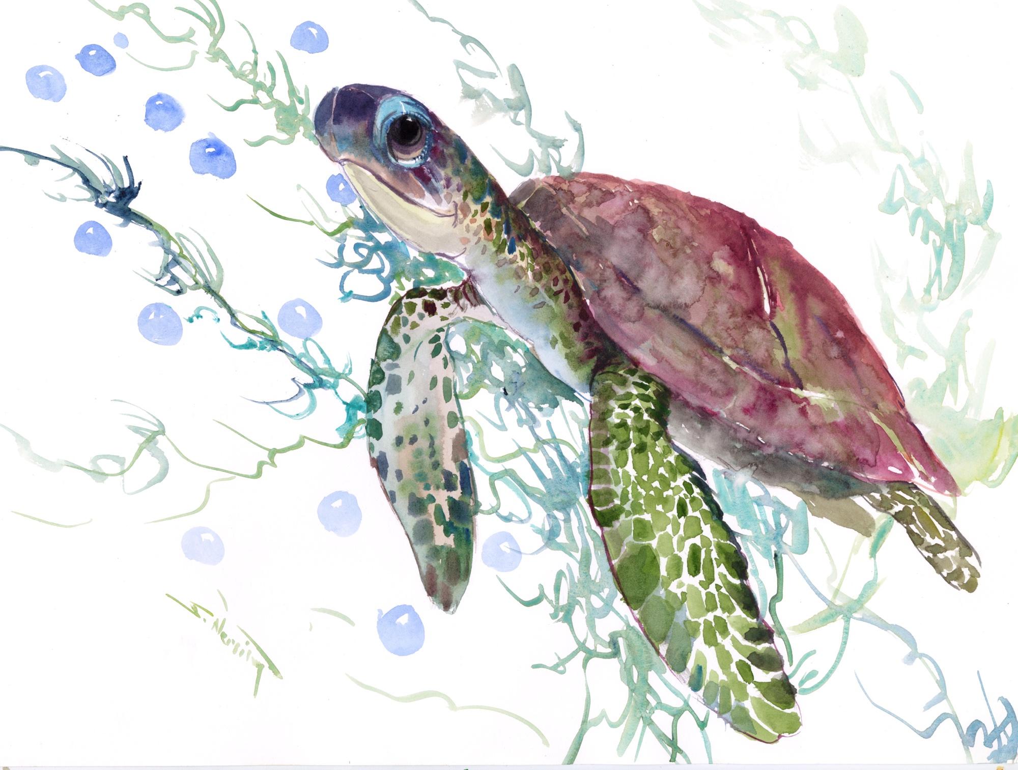 La tortue des mers heureuse, peinture originale - Art de Suren Nersisyan