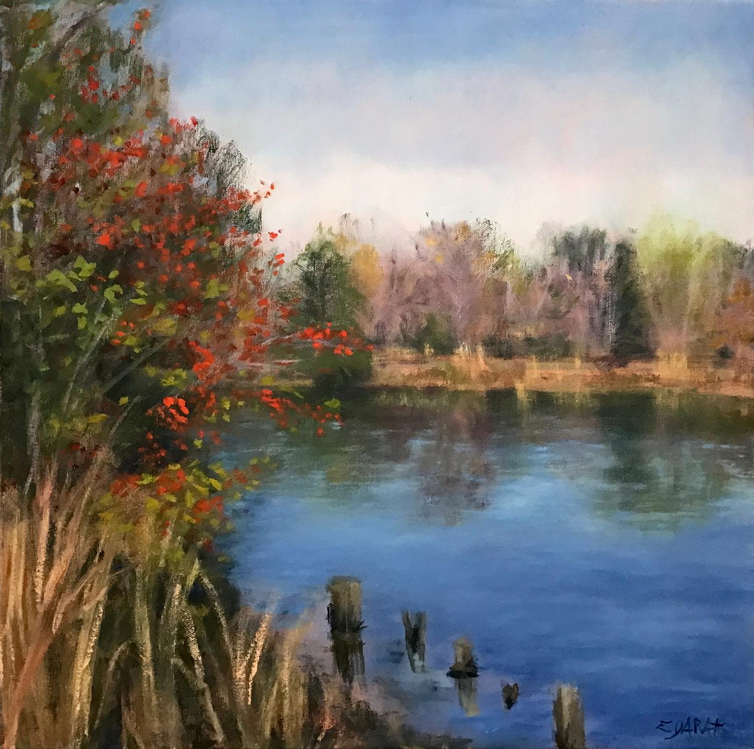 The Pond in November; Red Berries, Oil Painting - Art by Elizabeth Garat