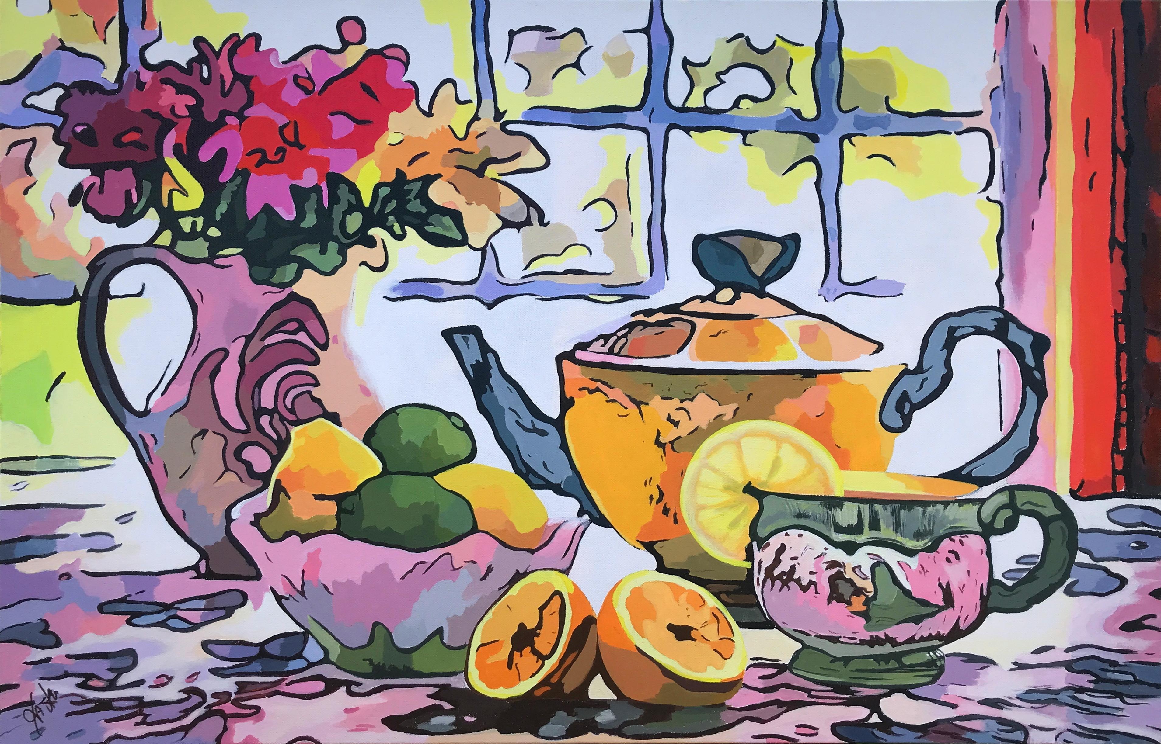 John Jaster Still-Life Painting - Tea and Flowers, Original Painting