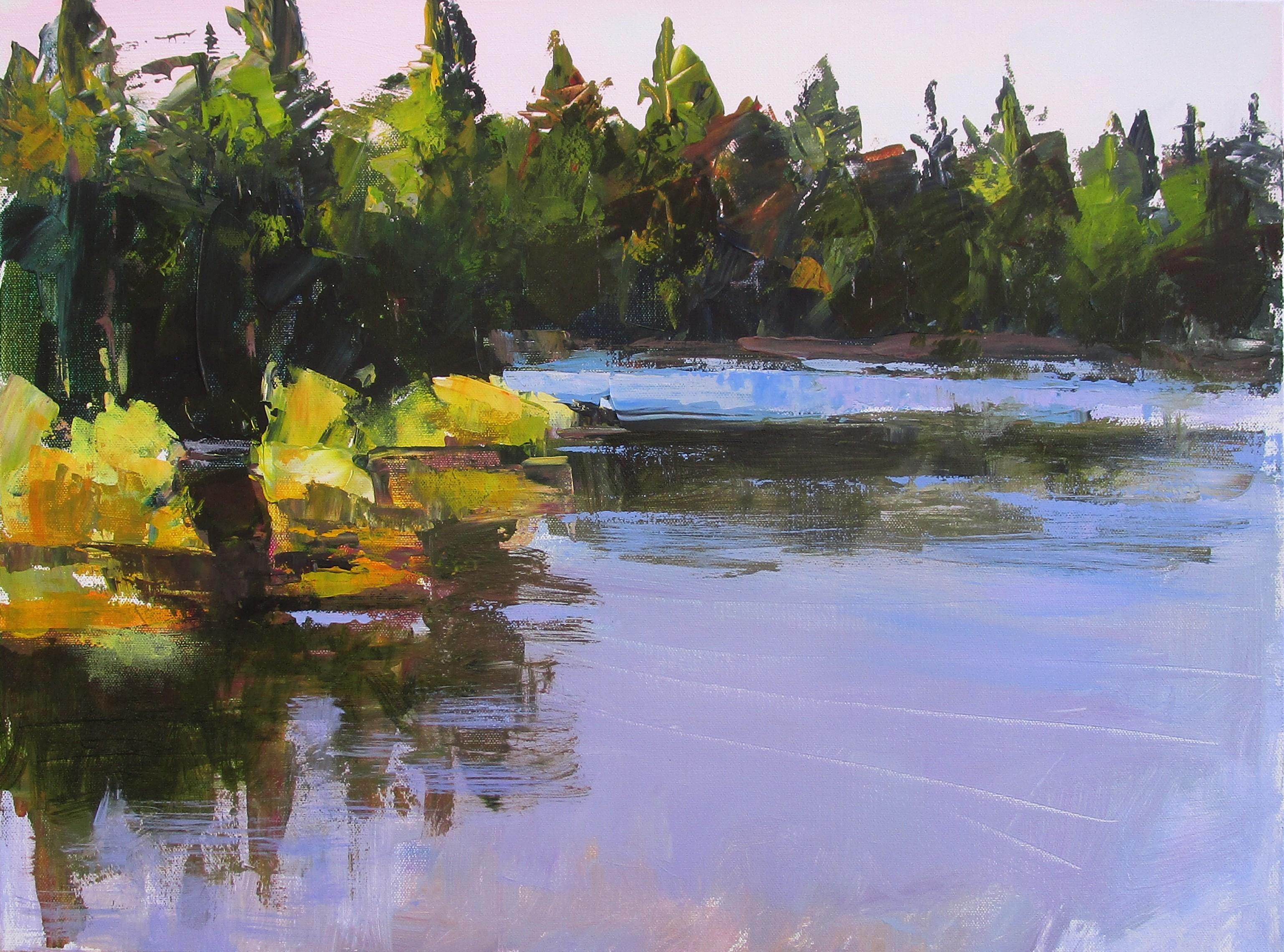 Landscape Painting di Janet Dyer - Cespugli gialli vicino al lago, Pittura originale