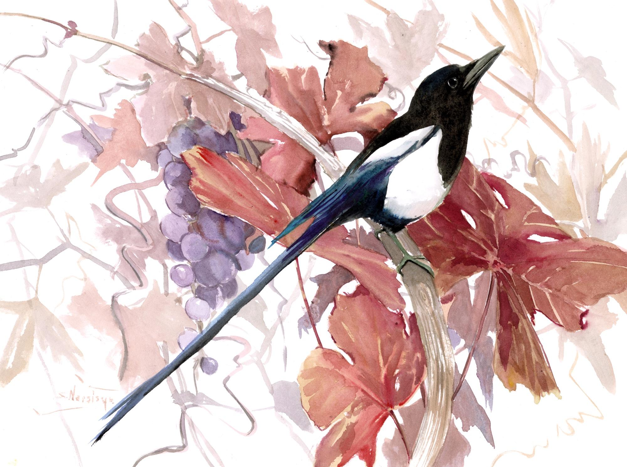 Magpie and Grape Vine, Fall, Original Painting - Art by Suren Nersisyan