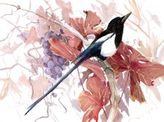 Magpie and Grape Vine, Fall, Original Painting