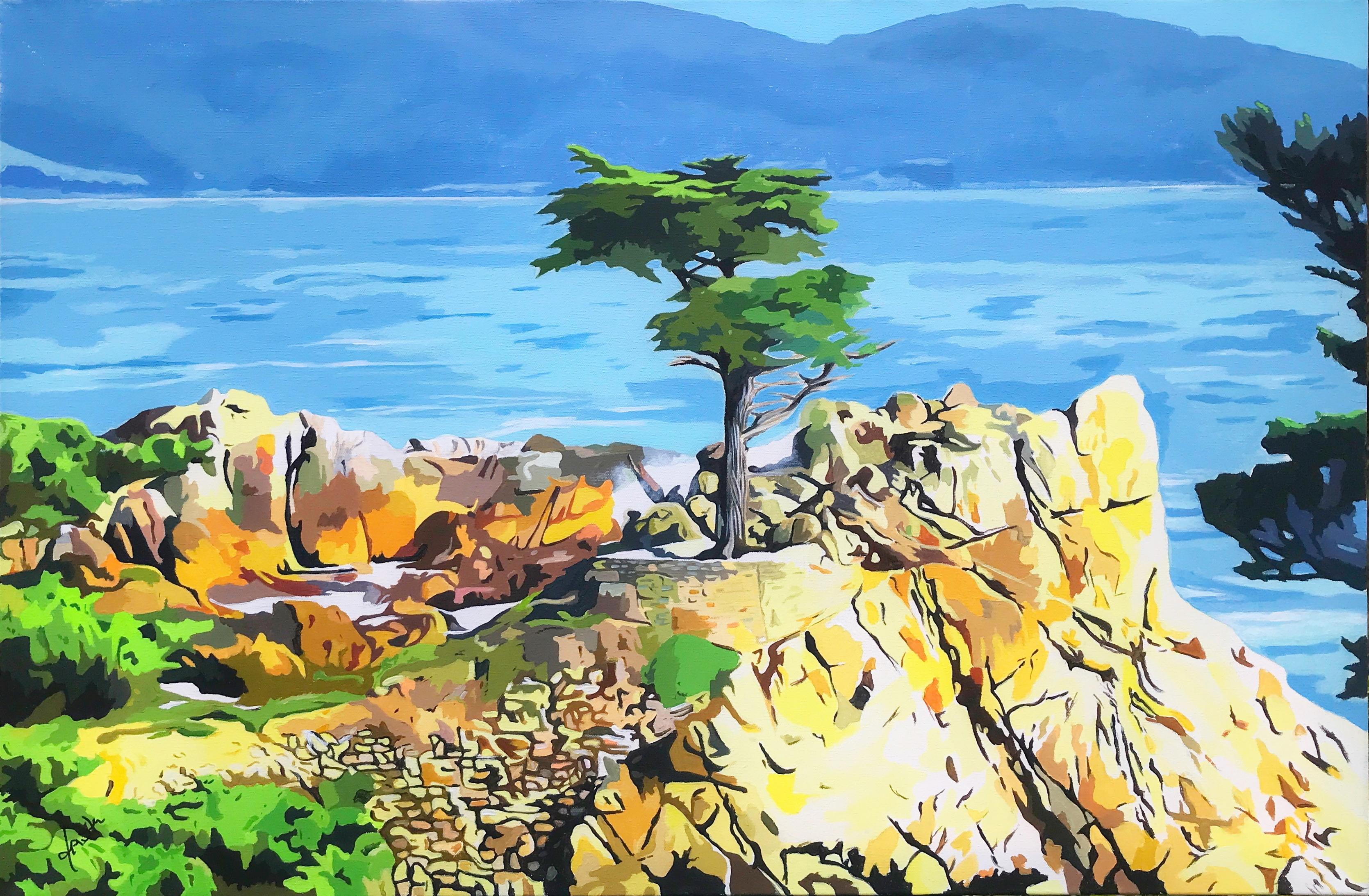 John Jaster Landscape Painting - Costal Impressions - The Lone Cypress, Original Painting