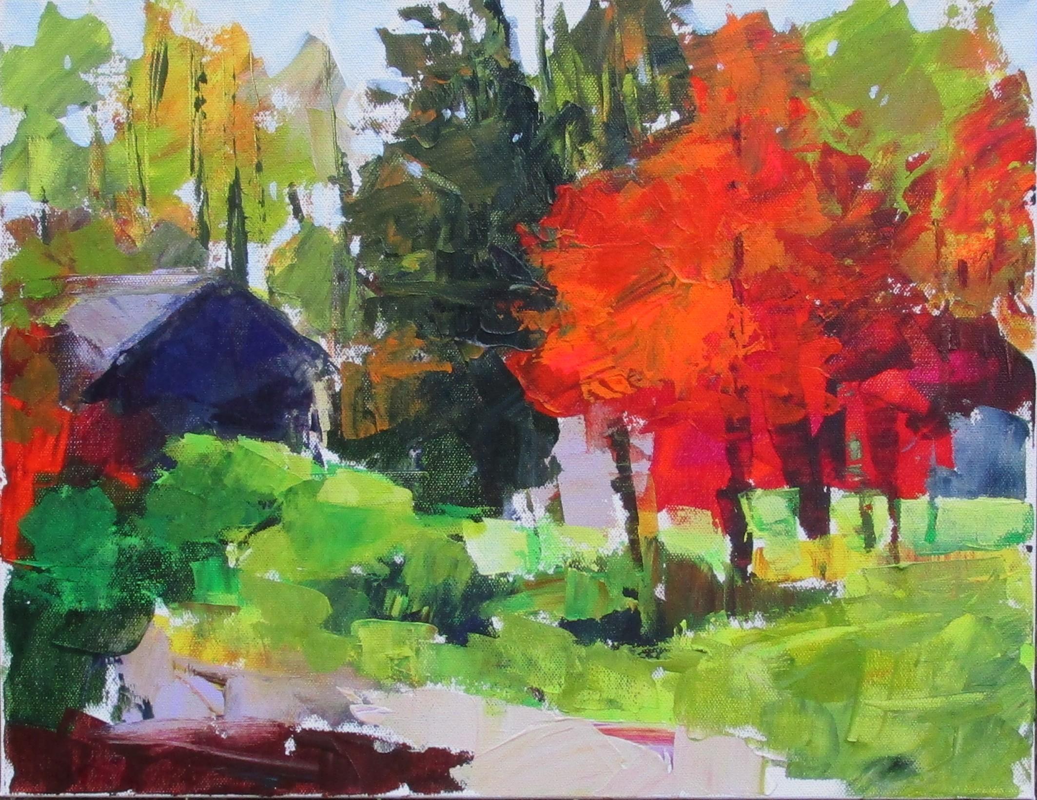 Red Tree and House, Original Painting