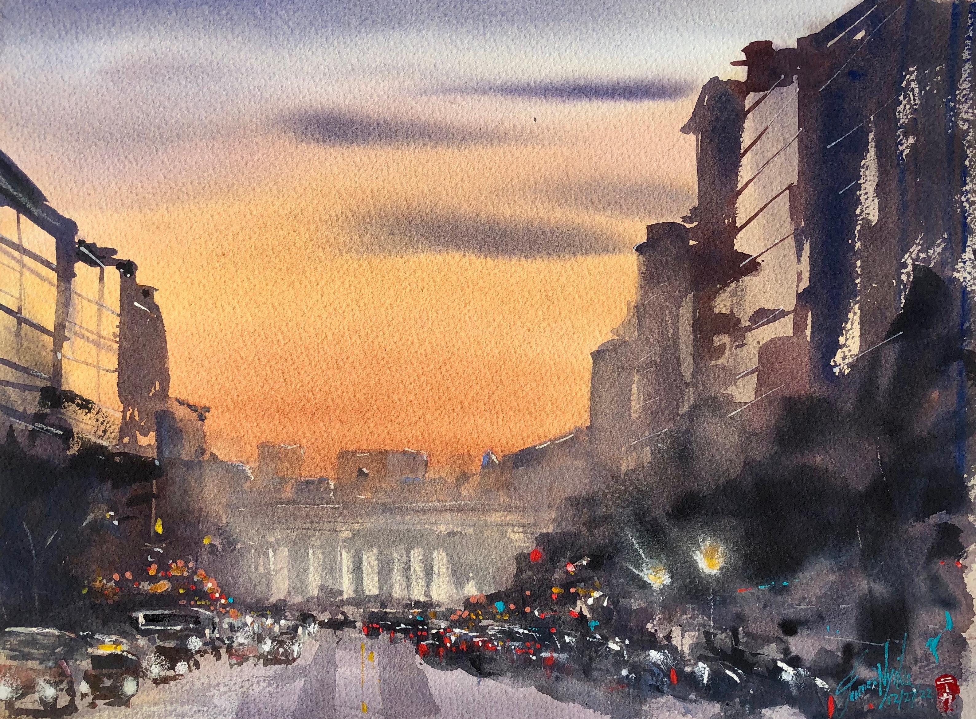 James Nyika Interior Art – Sonnenuntergang in der F Street, Originalgemälde