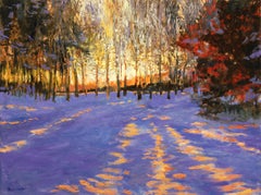 Coucher de soleil sur le sentier de la rivière, peinture à l'huile