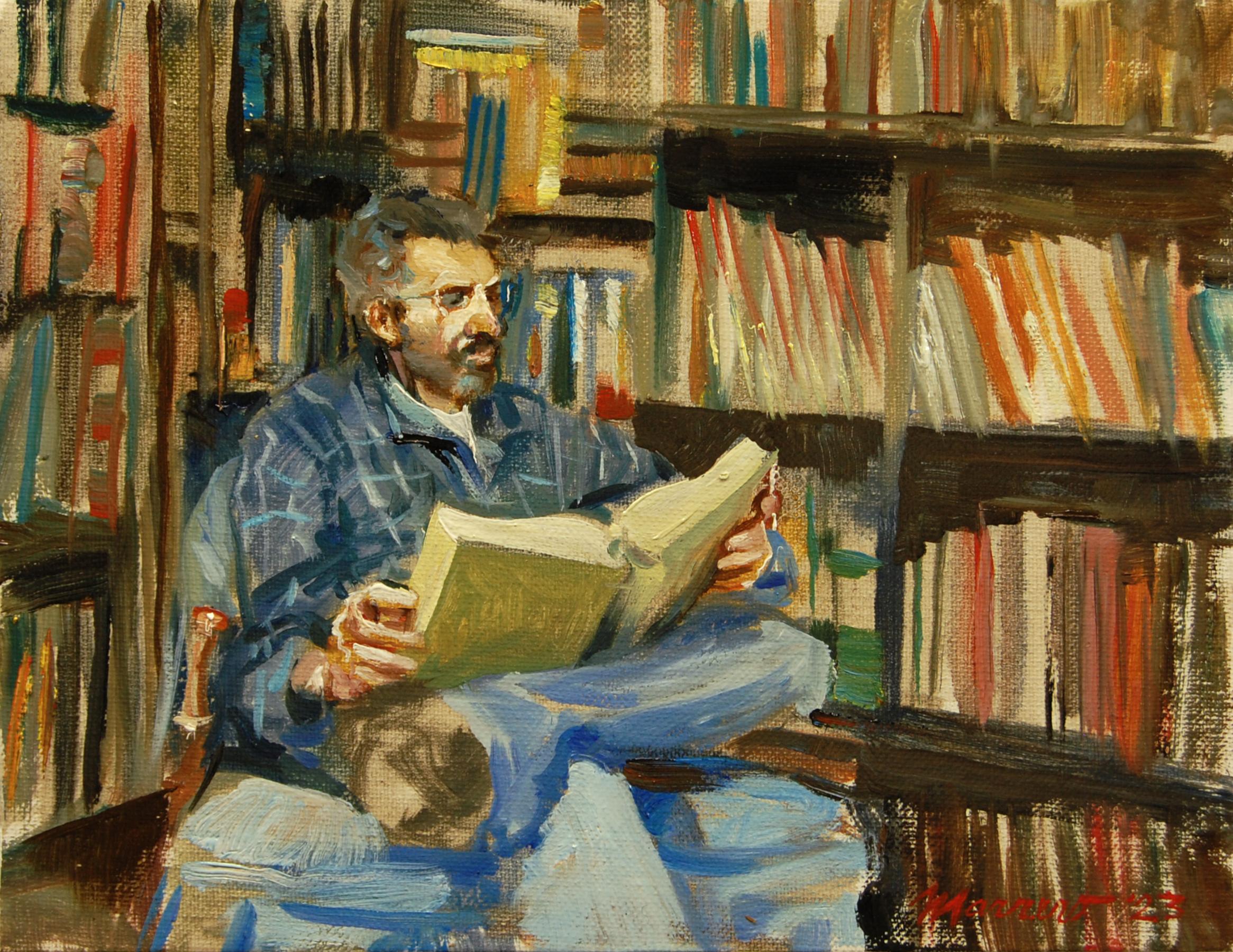 Lenny at the Book Barn, Oil Painting - Art by Onelio Marrero