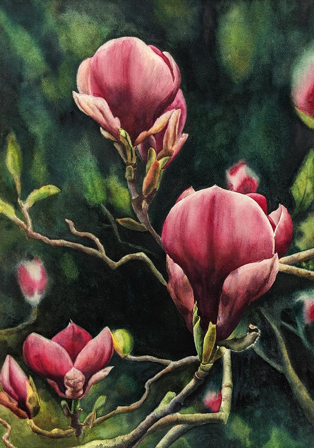 Jinny Tomozy Still-Life - Crimson Magnolias, Original Painting