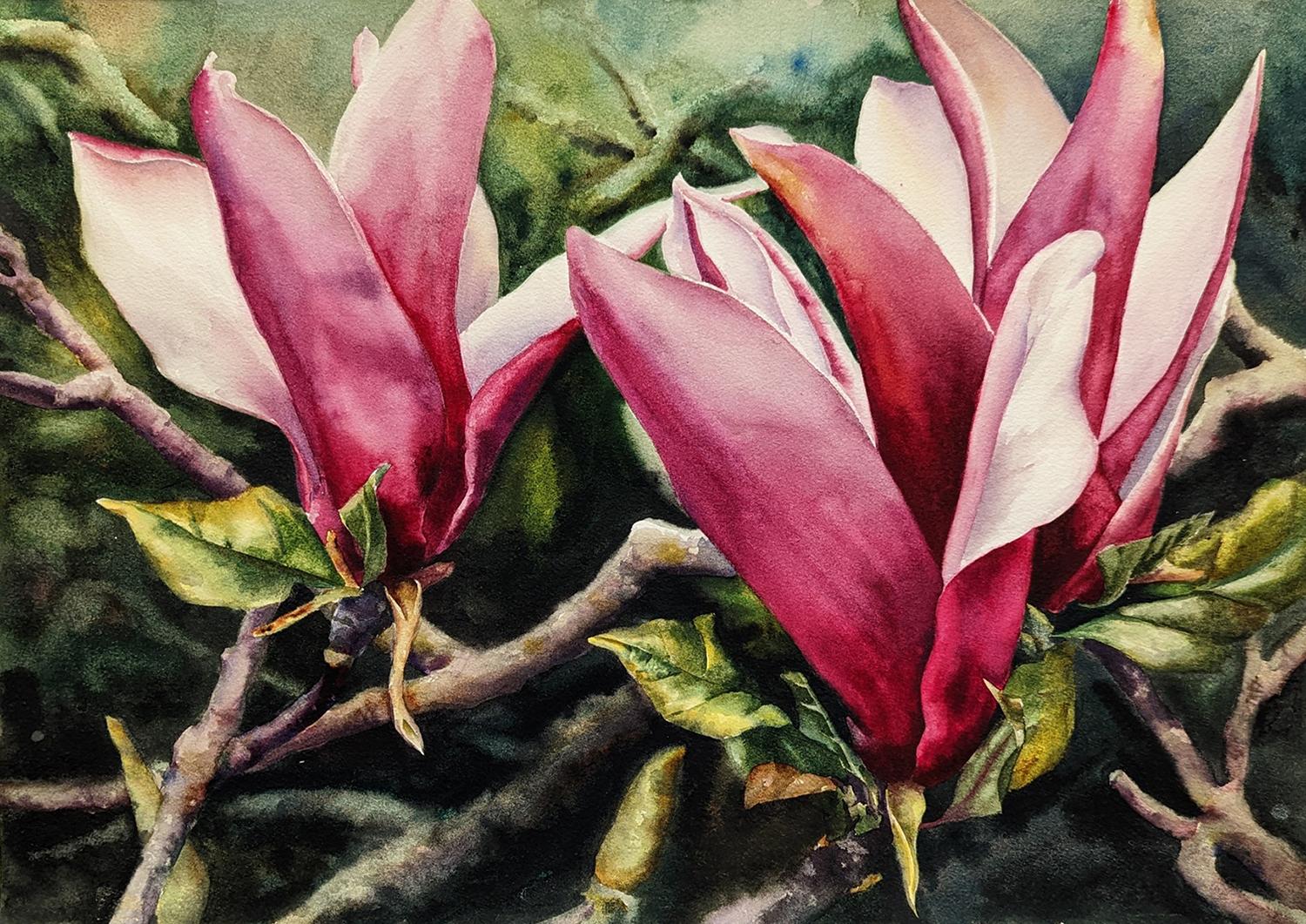 Jinny Tomozy Still-Life – Moody Magnolias, Originalgemälde