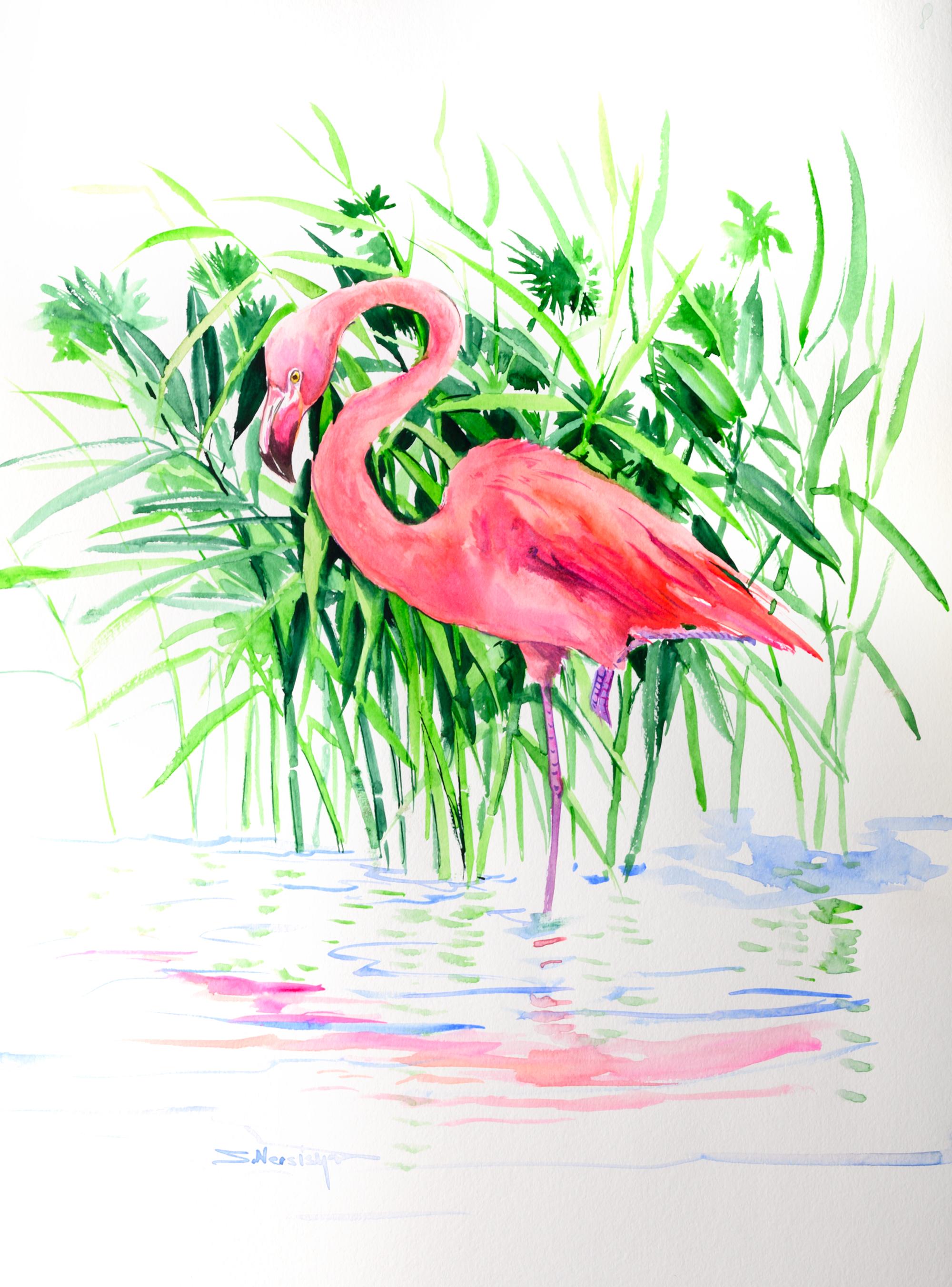Standing Flamingo, Original Painting - Art by Suren Nersisyan