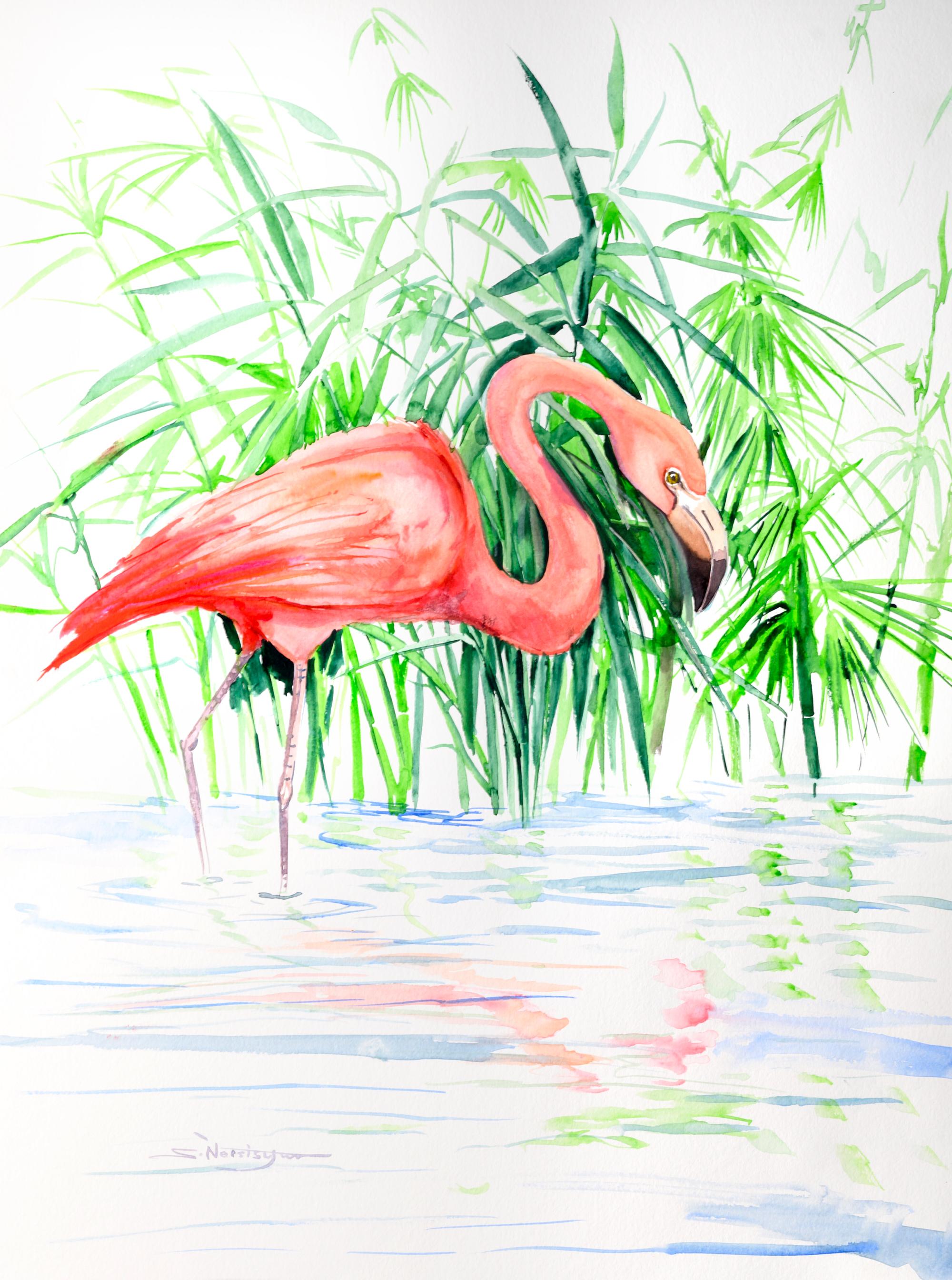 Pink Flamingo and Green Foliage, Original Painting - Art by Suren Nersisyan